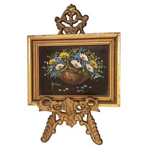Miniature Oil Painting Daisy Flowers In Wicker Basket Signed Vivian Hollan Swain